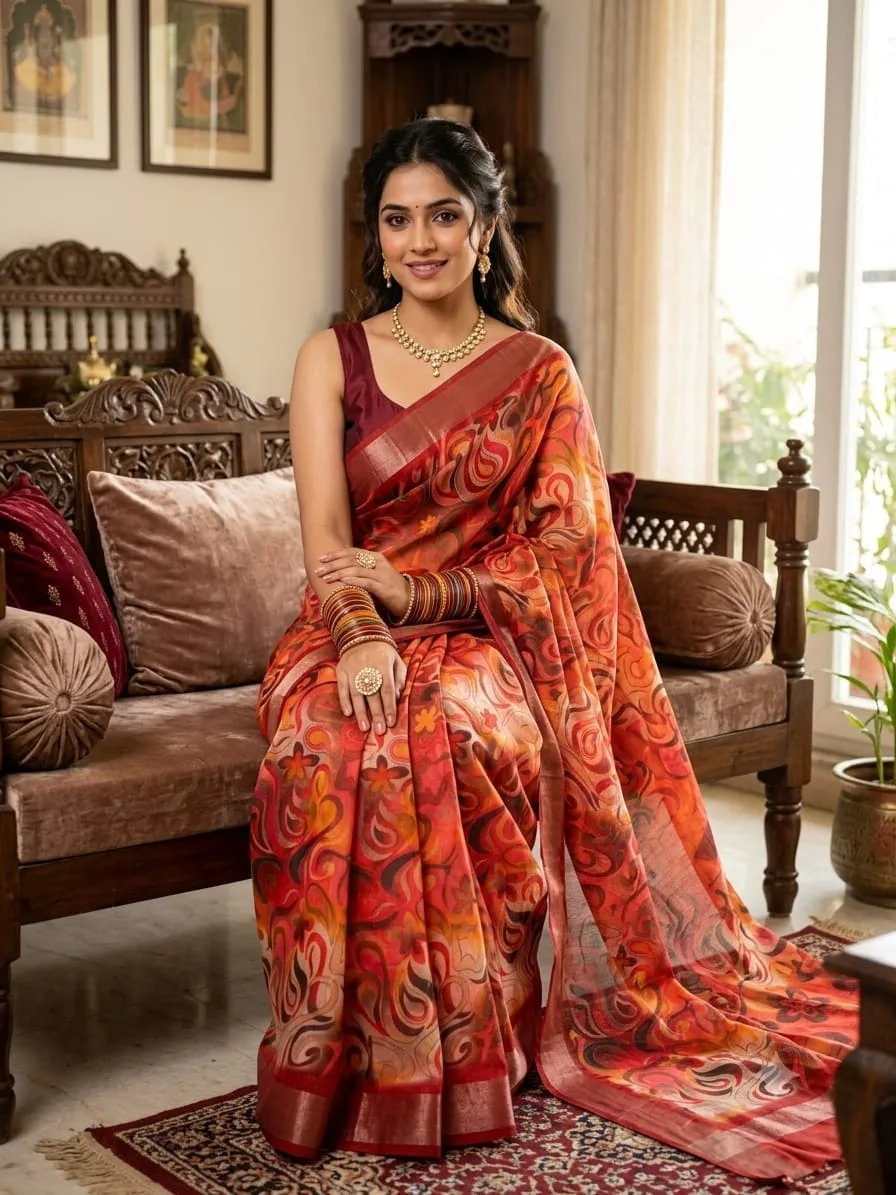 Red Multicolor Marble Print Linen Cotton Saree with Maroon Border
